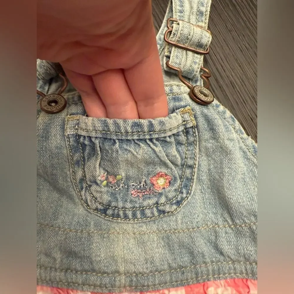 Vintage OshKosh B'gosh VestBak Denim Gingham Pink Bubble Dress Girls 6 Months